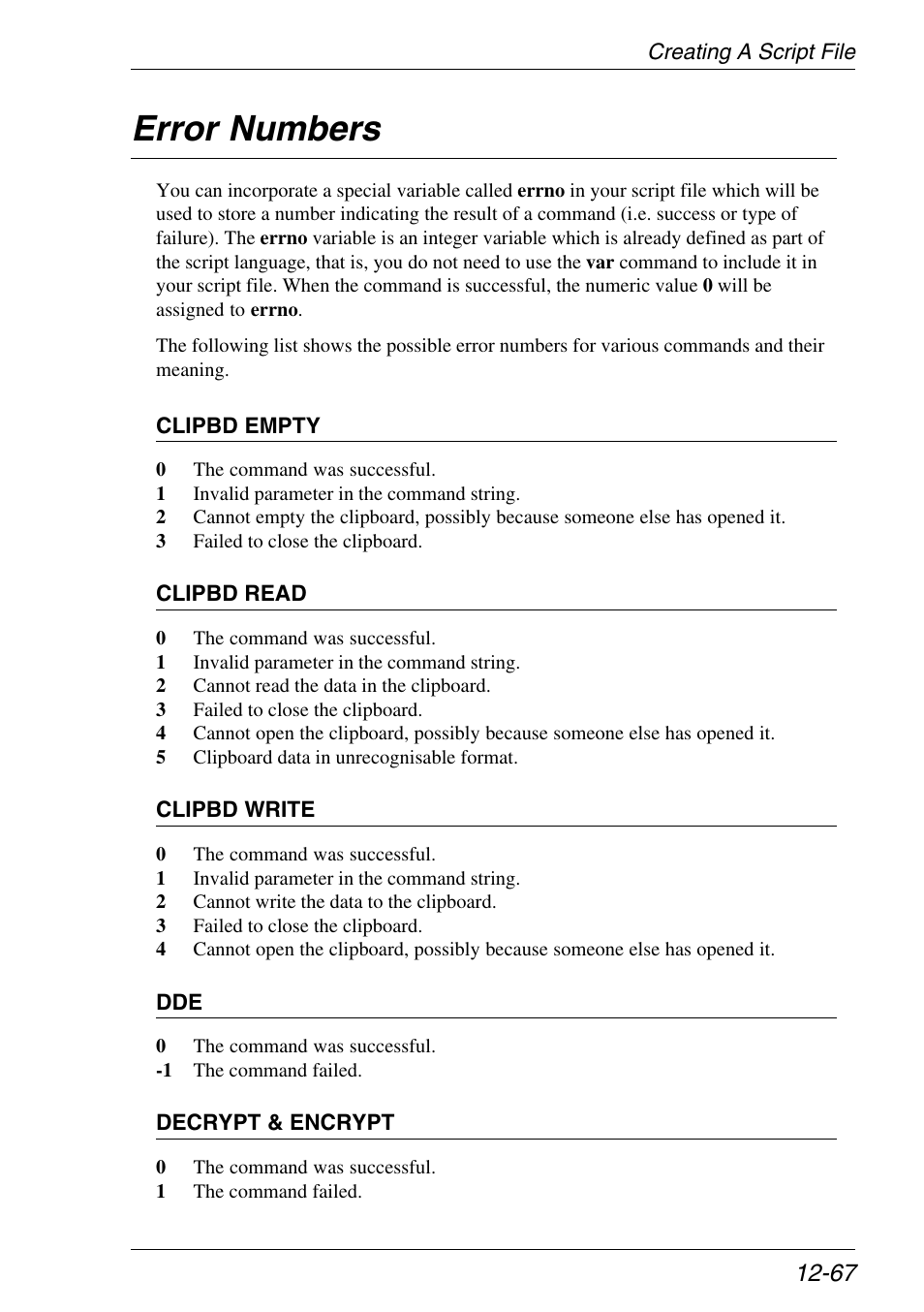 Error numbers, Script file, Error numbers -67 | Xerox -05W User Manual | Page 271 / 370