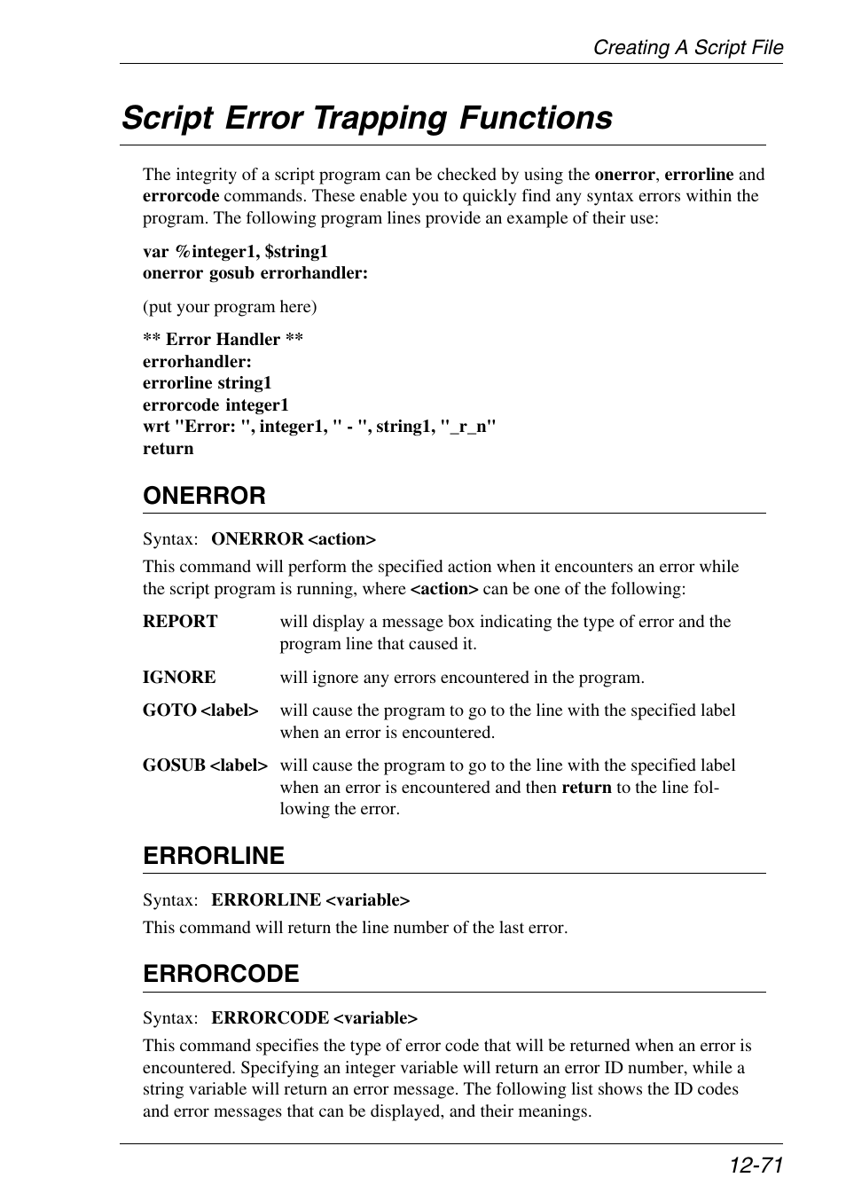 Script error trapping functions, Script error trapping functions -71, Onerror | Errorline, Errorcode | Xerox -05W User Manual | Page 275 / 370