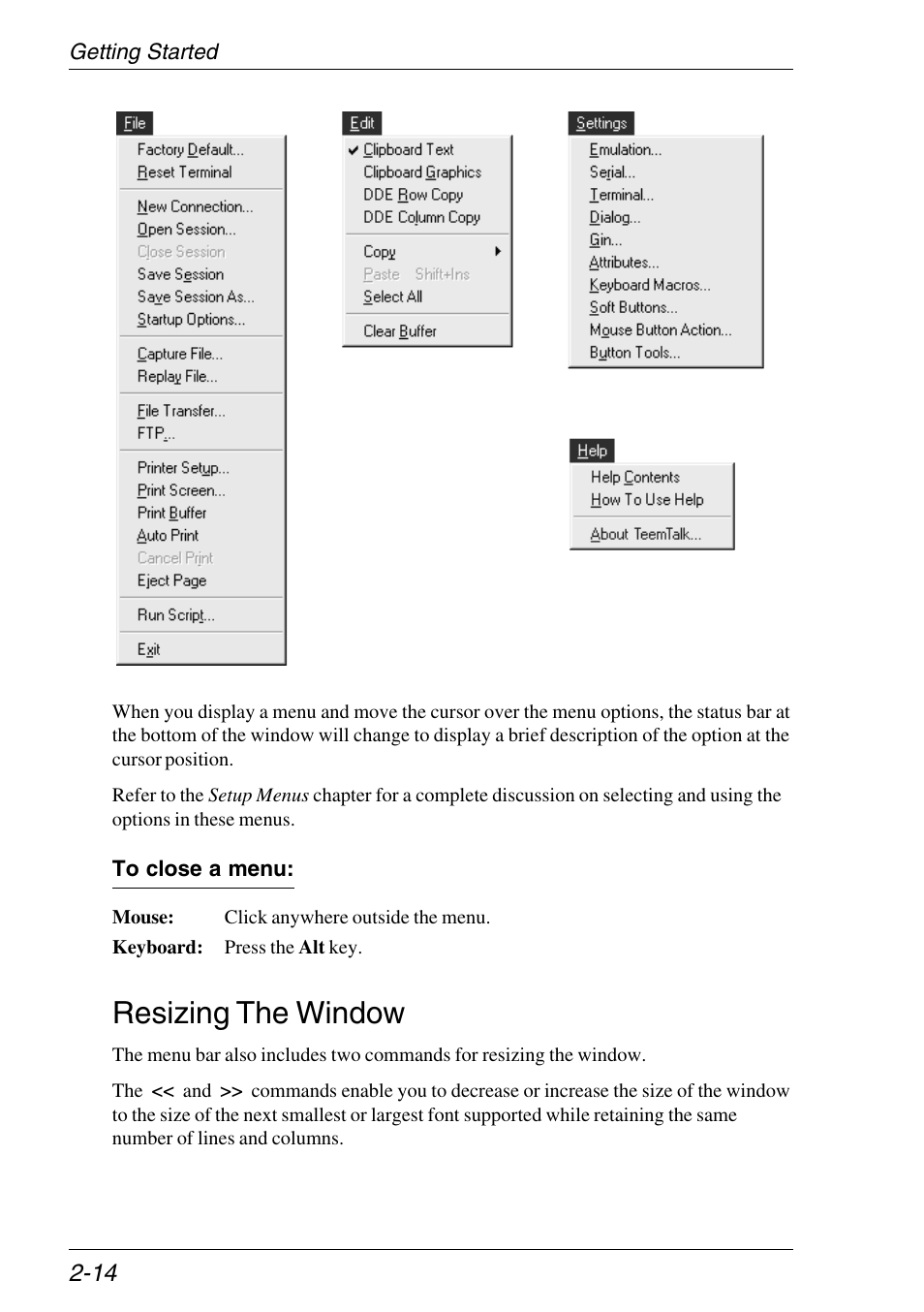 Resizing the window, Menu bar, Closing | Window resize, Resizing the window -14 | Xerox -05W User Manual | Page 28 / 370