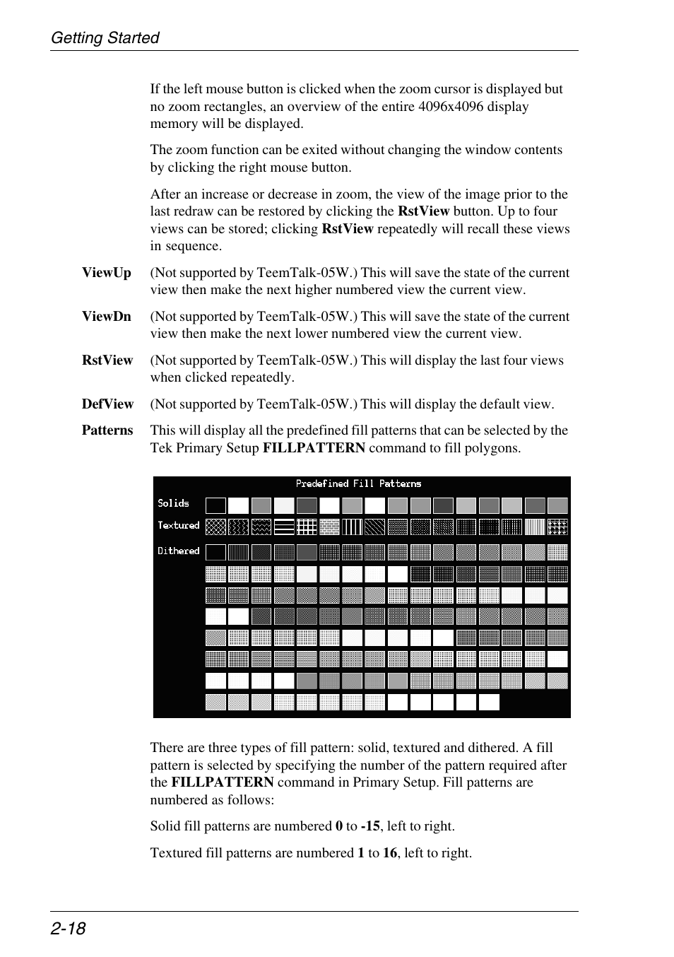 Defview button, Fill patterns, Patterns button | Predefined fill patterns, Rstview button, Defview function, Patterns function, Rstview function, Viewdn function, Viewup function | Xerox -05W User Manual | Page 32 / 370