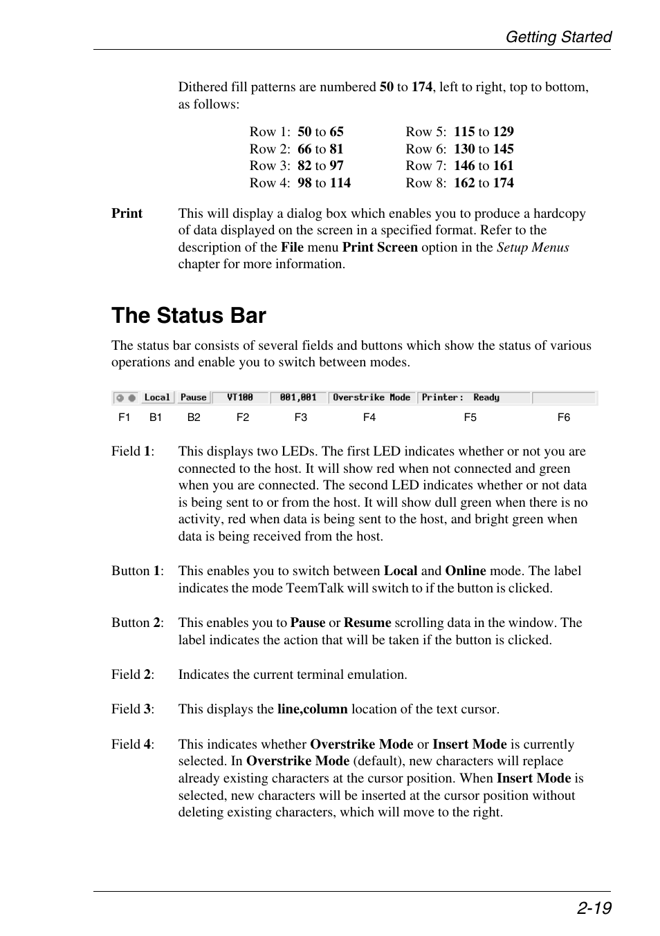 The status bar, Led indicators, Insert mode indicator | Local/on line button, On line/local button, Overstrike mode indicator, Pause/resume button, Print button, Resume/pause button, Print function | Xerox -05W User Manual | Page 33 / 370