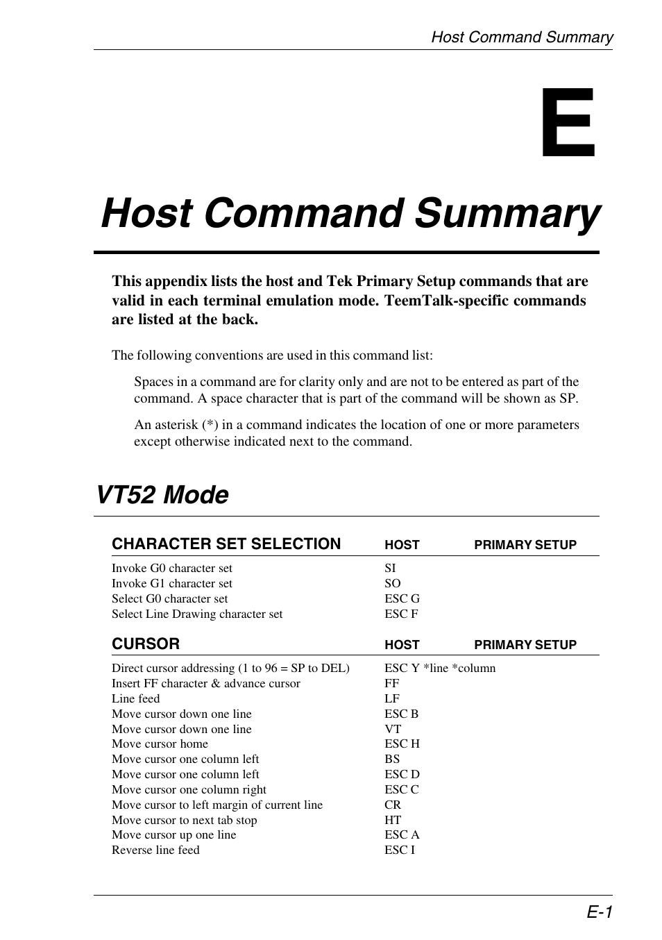 Host command summary, Vt52 mode | Xerox -05W User Manual | Page 345 / 370