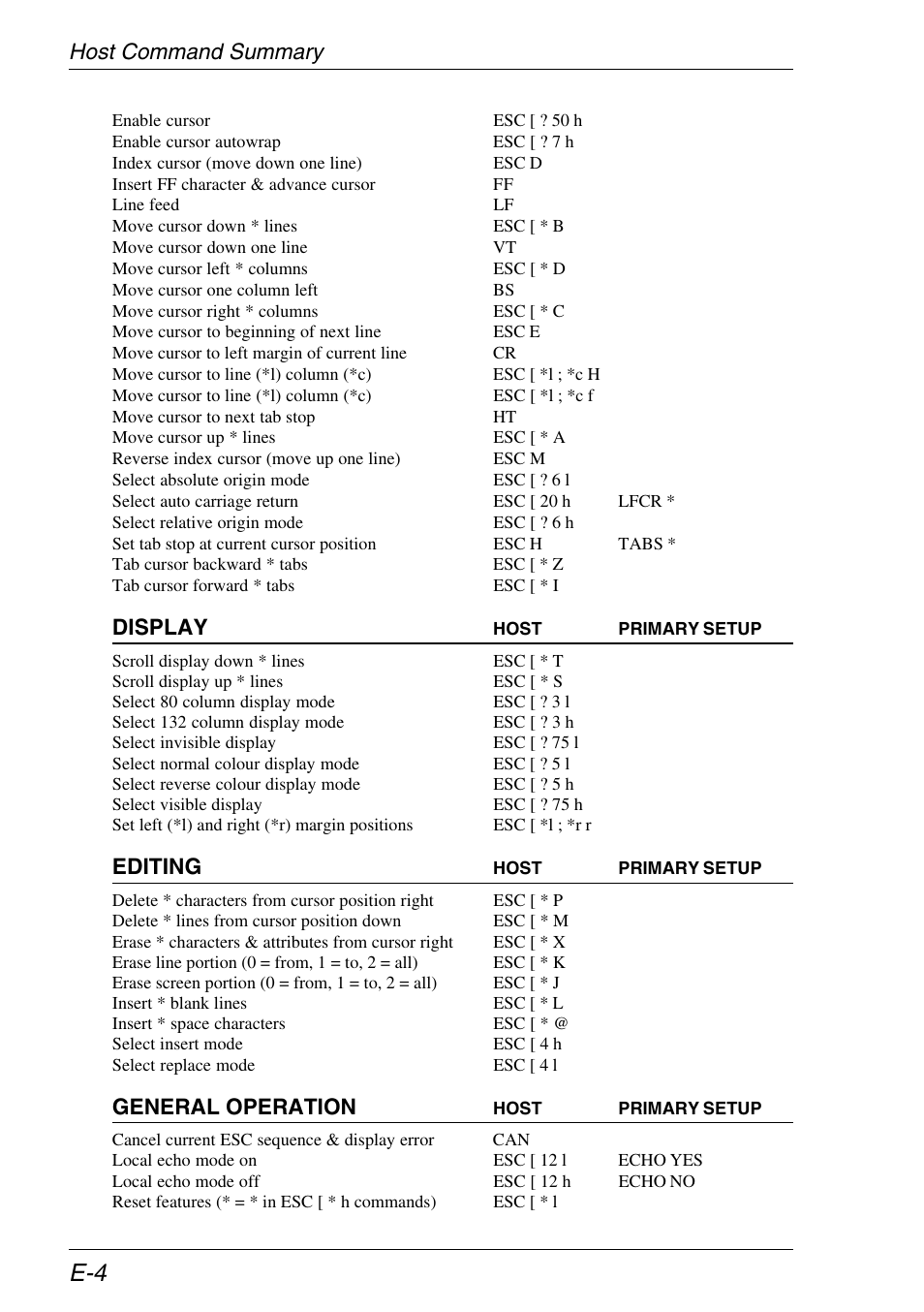 Host command summary, Display, Editing | General operation | Xerox -05W User Manual | Page 348 / 370