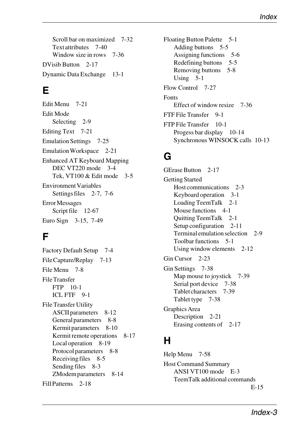 Edit mode, Enhanced at keyboard mapping, Environment variables | Error messages, File transfer, File transfer utility, Fonts, Getting started, Graphics area, Host command summary | Xerox -05W User Manual | Page 363 / 370