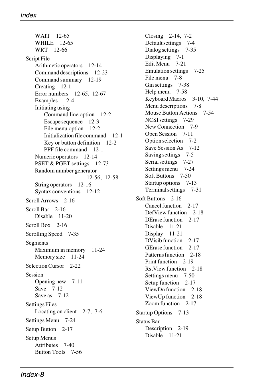 Script file, Initiating using, Segments | Session, Settings files, Setup menus, Status bar, Index-8 | Xerox -05W User Manual | Page 368 / 370