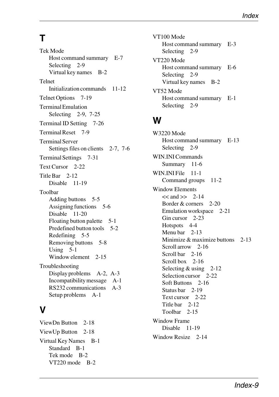 Tek mode, Telnet, Terminal emulation | Terminal server, Toolbar, Troubleshooting, Vt100 mode, Vt220 mode, Vt52 mode, W3220 mode | Xerox -05W User Manual | Page 369 / 370