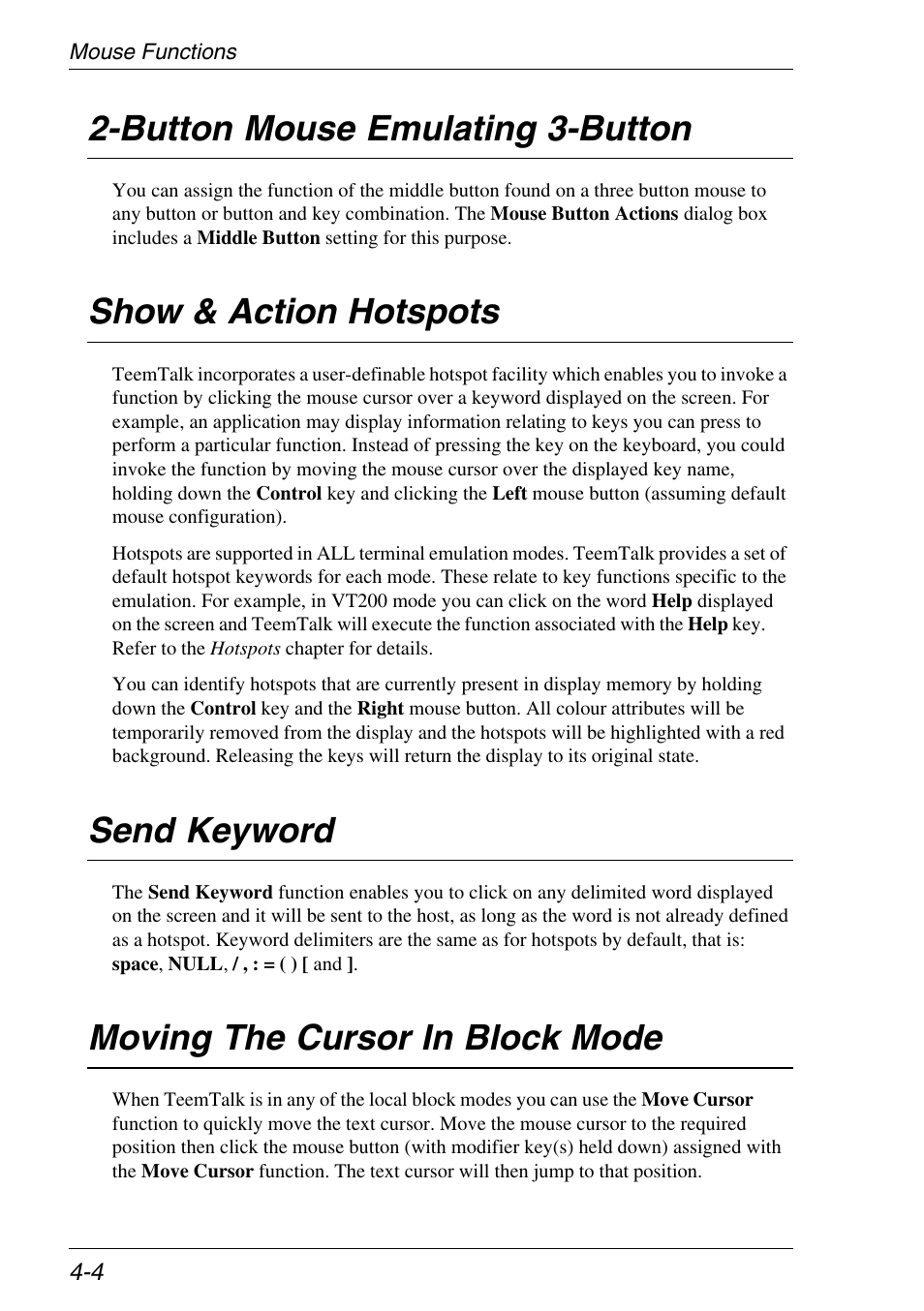 Button mouse emulating 3-button, Show & action hotspots, Send keyword | Moving the cursor in block mode, Cursor positioning, Positioning in block mode, Keywords, Action hotspots, Move cursor, Show hotspots | Xerox -05W User Manual | Page 62 / 370