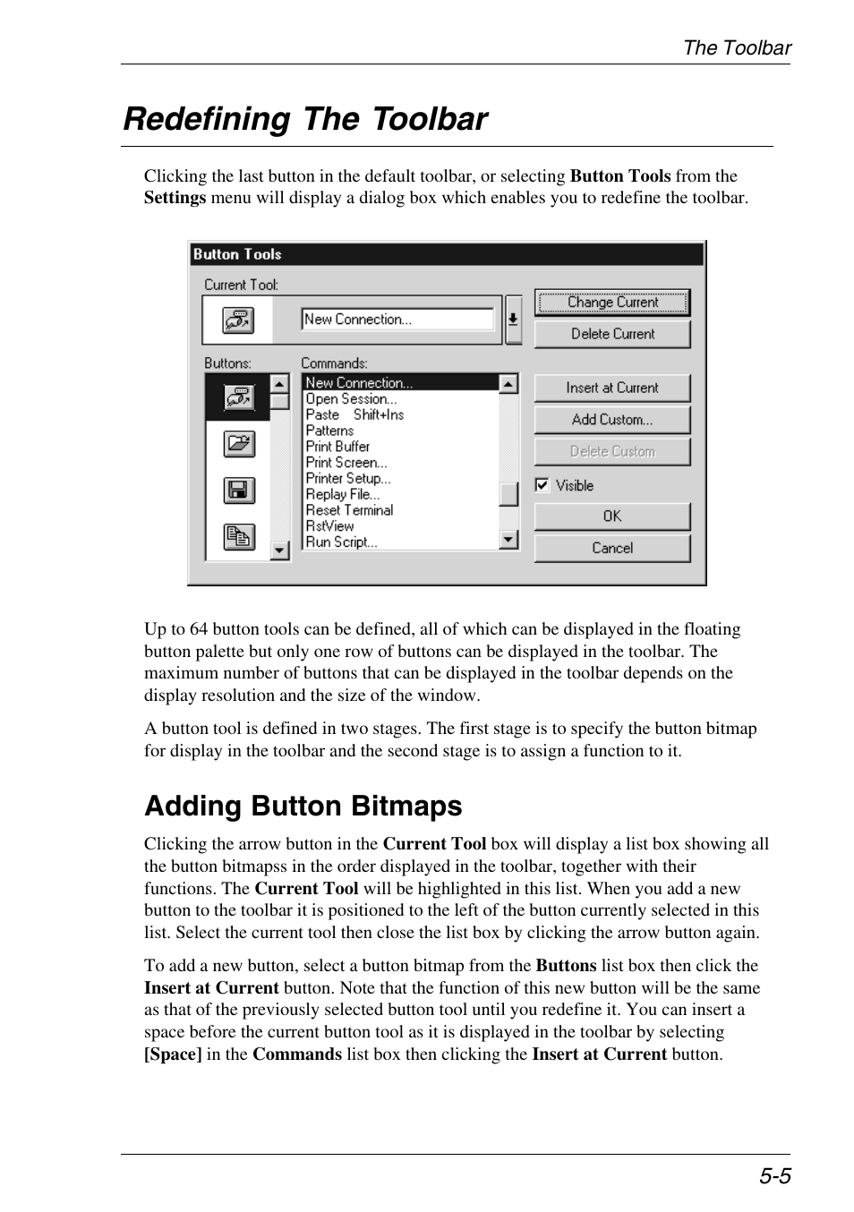 Redefining the toolbar, Adding button bitmaps, Adding buttons | Redefining, Redefining buttons, Redefining the toolbar -5, Adding button bitmaps -5 | Xerox -05W User Manual | Page 67 / 370