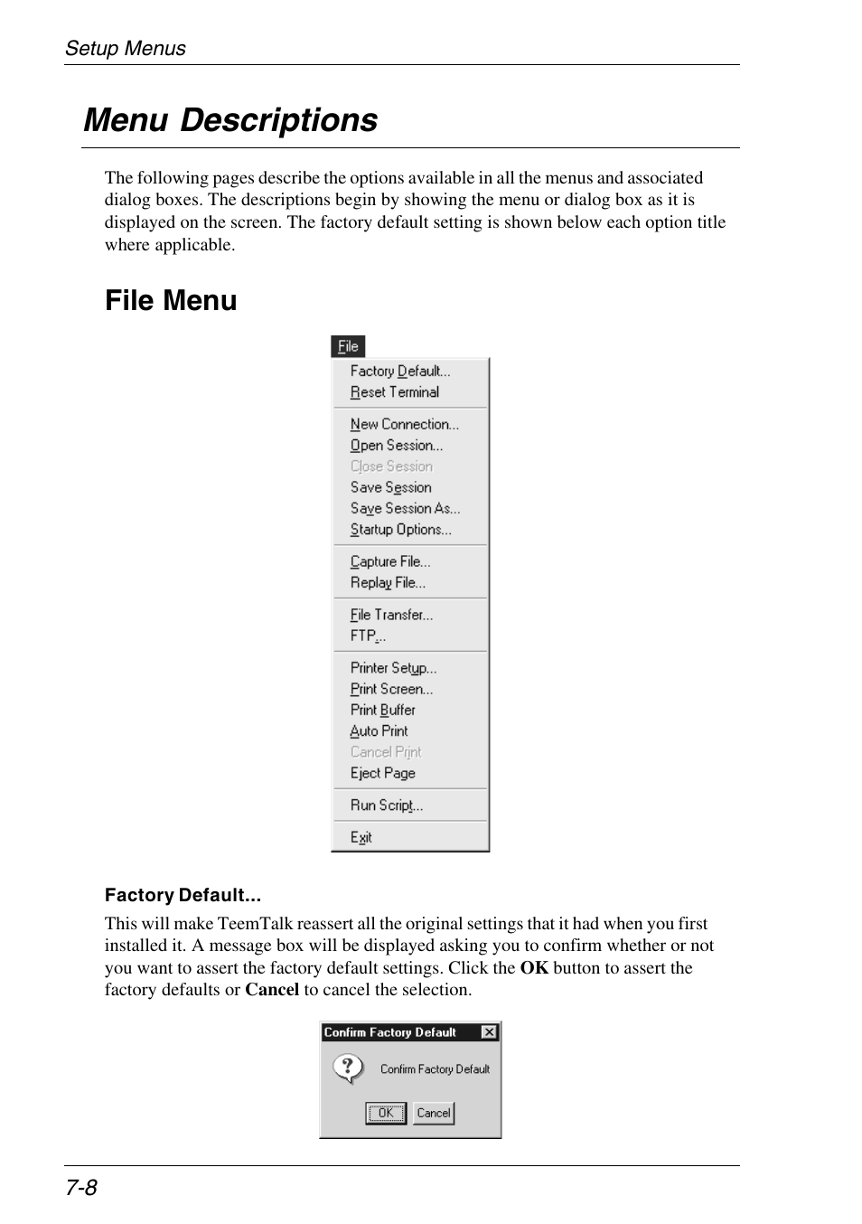 Menu descriptions, File menu, Menu descriptions -8 | File menu -8 | Xerox -05W User Manual | Page 82 / 370