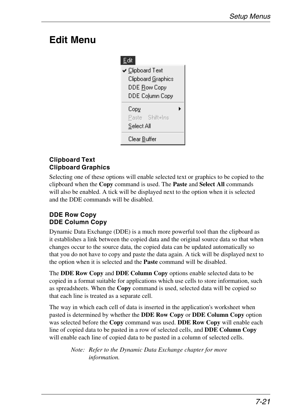 Edit menu, Edit menu options, Dde support | Editing text, Edit menu -21 | Xerox -05W User Manual | Page 95 / 370