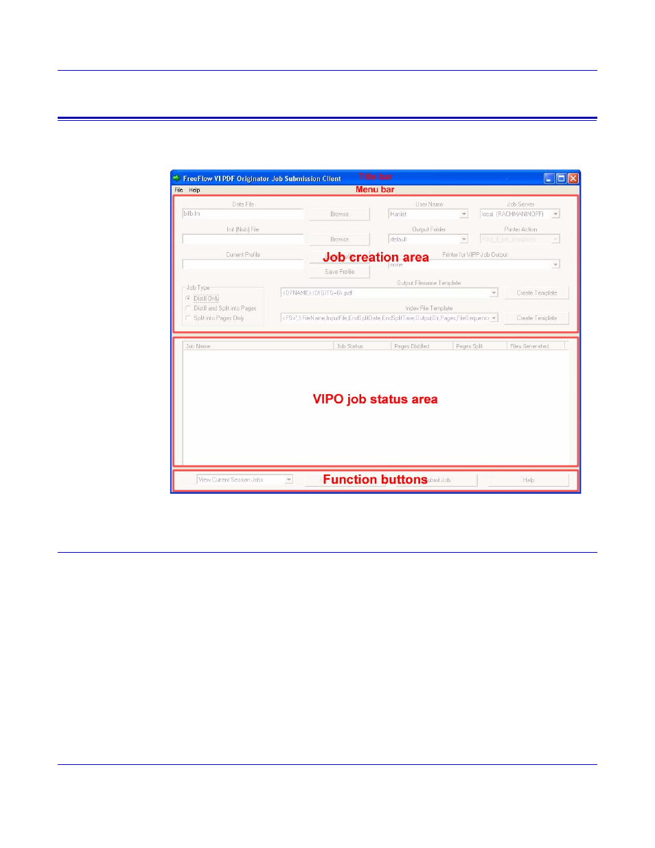 Using the vipo job submission client, Window elements | Xerox 5 User Manual | Page 13 / 104