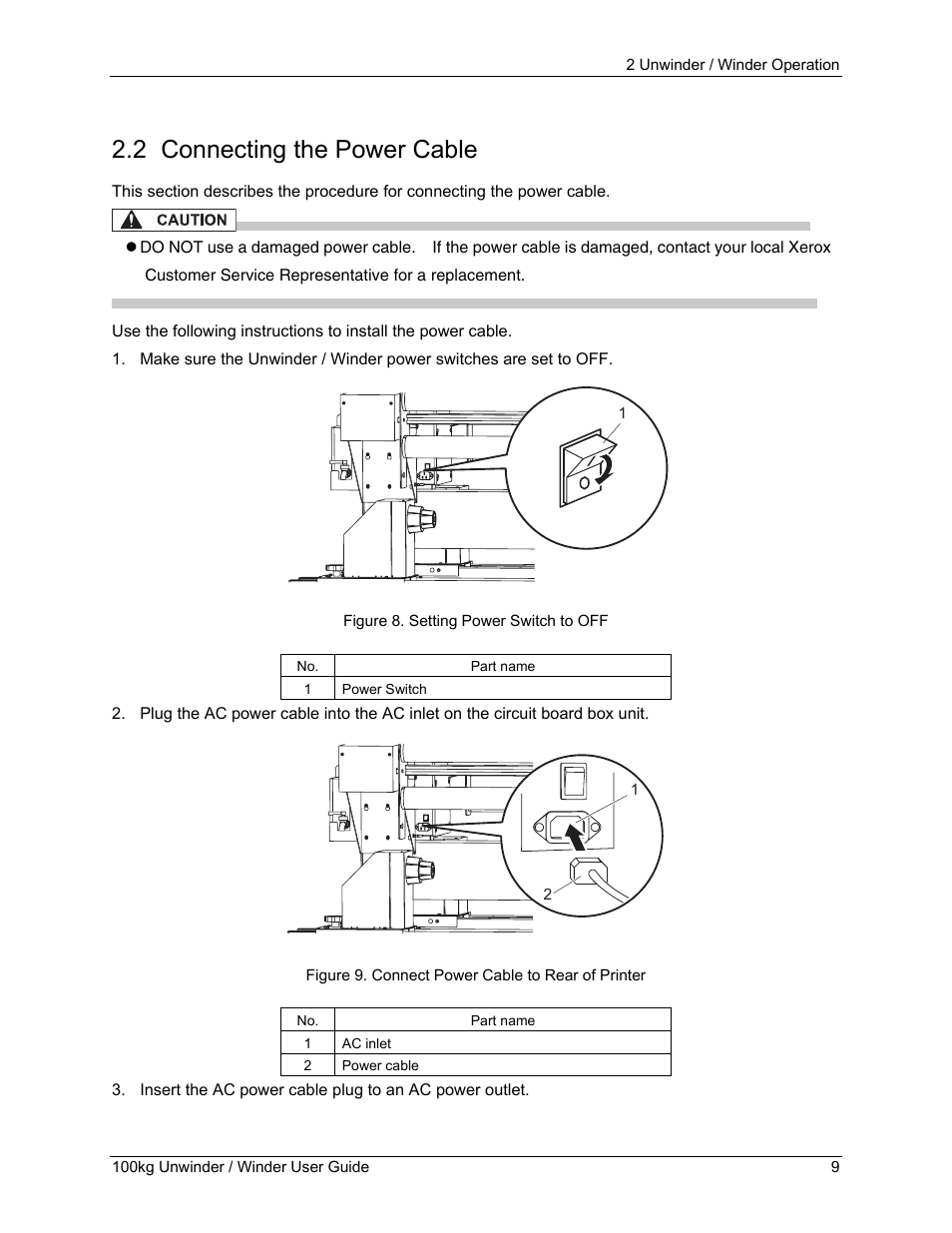 2 connecting the power cable, Connecting the power cable | Xerox 8264E  EN User Manual | Page 13 / 30