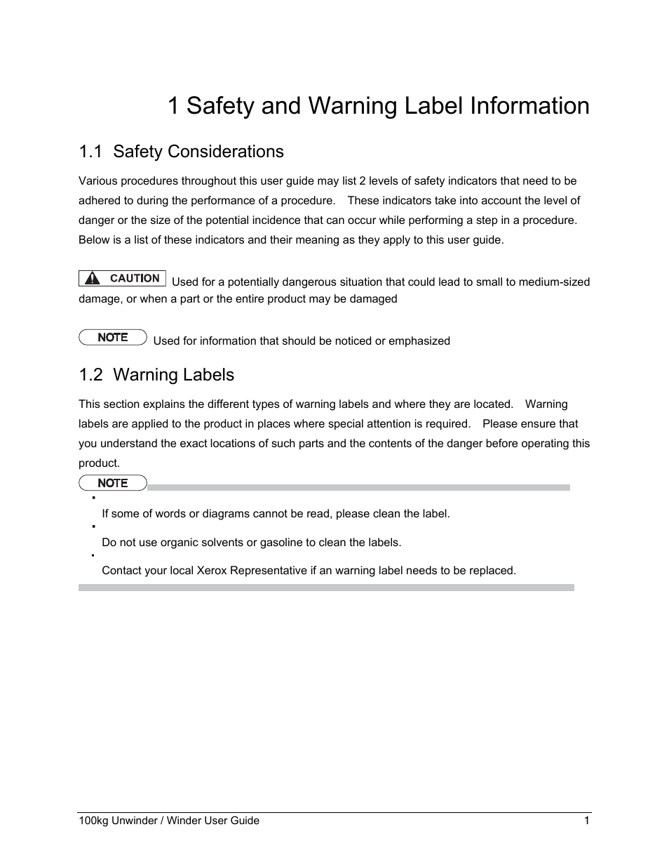 1 safety and warning label information, 1 safety considerations, 2 warning labels | Safety and warning label information, Safety considerations, Warning labels | Xerox 8264E  EN User Manual | Page 5 / 30