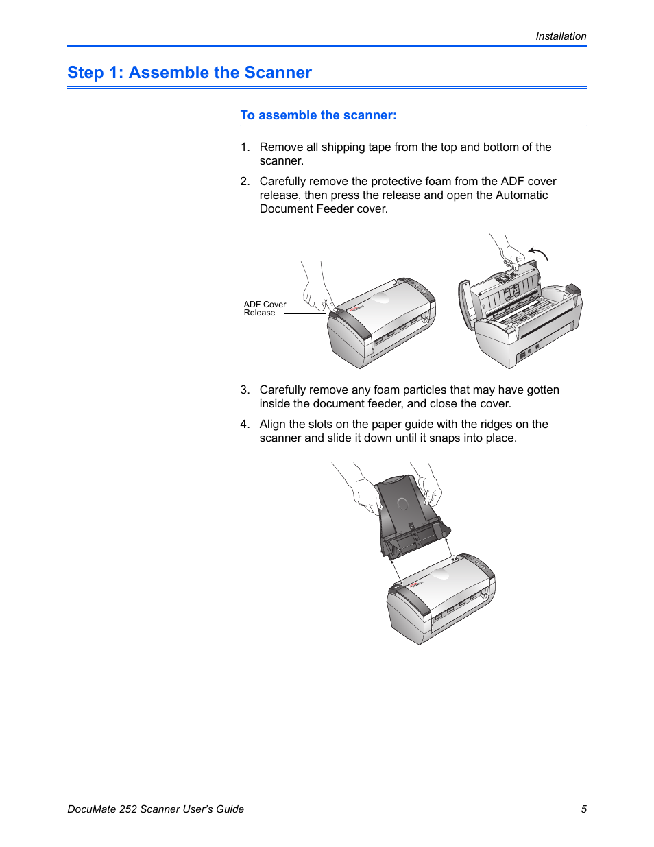 Step 1: assemble the scanner | Xerox DOCUMATE 252 User Manual | Page 10 / 133