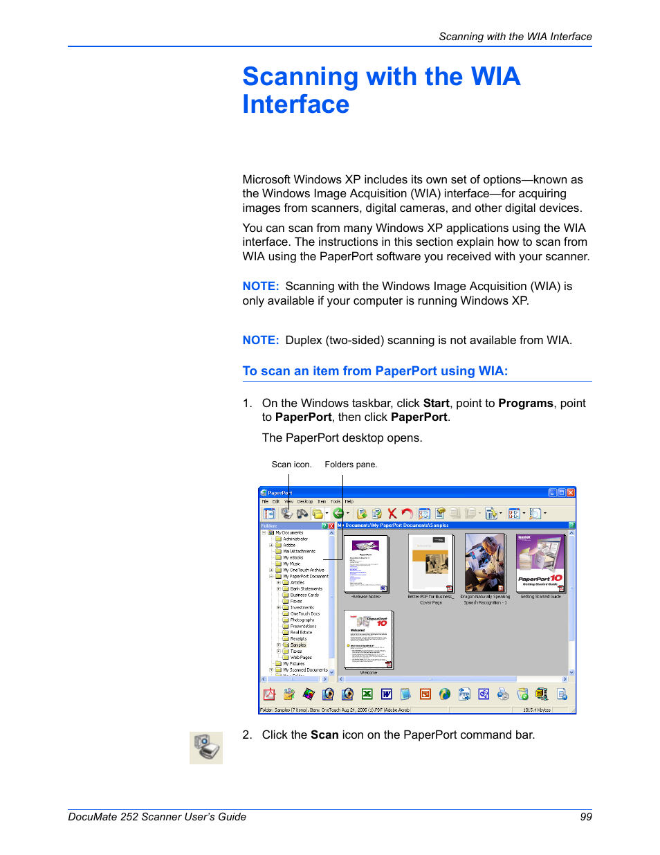 Scanning with the wia interface | Xerox DOCUMATE 252 User Manual | Page 104 / 133