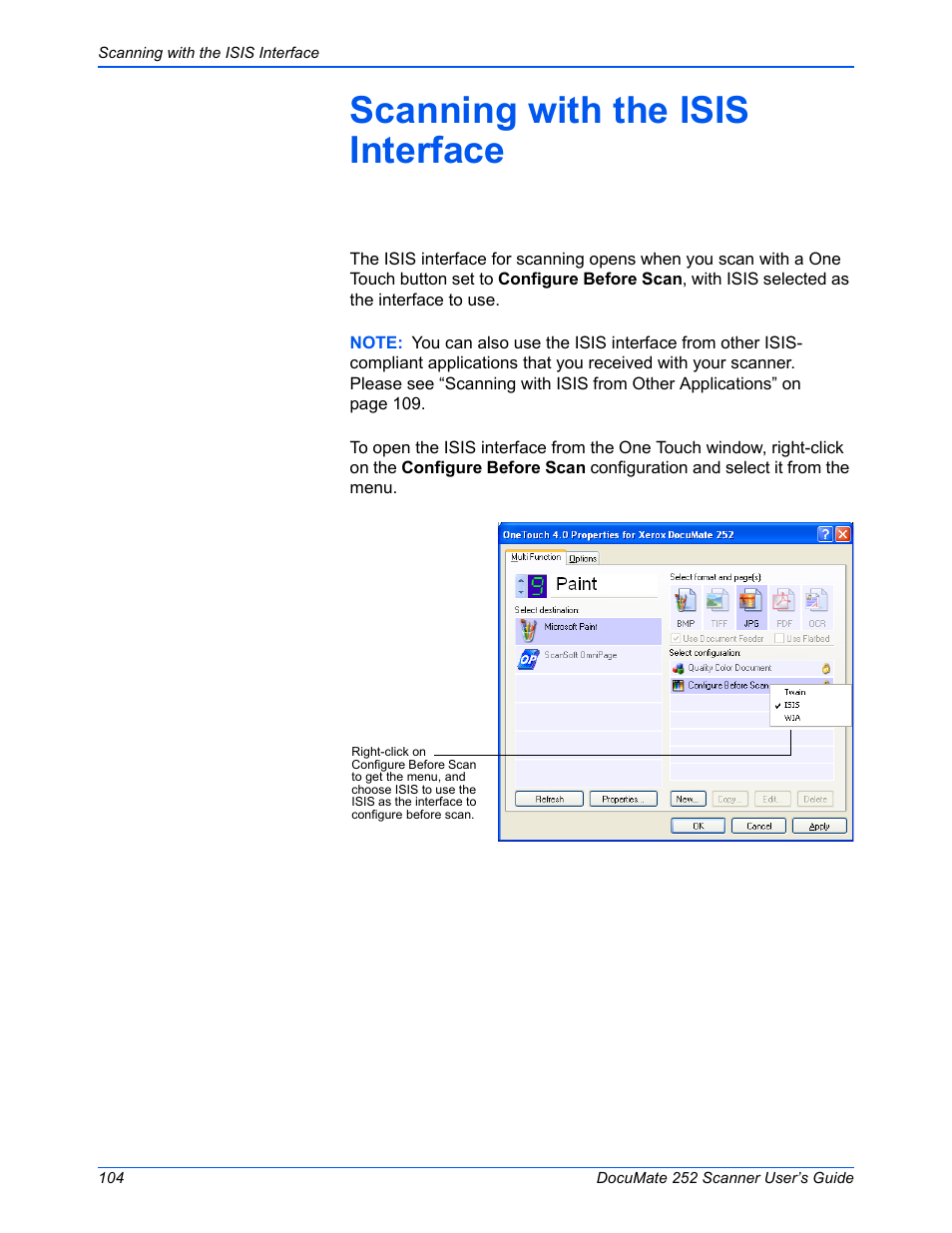 Scanning with the isis interface | Xerox DOCUMATE 252 User Manual | Page 109 / 133