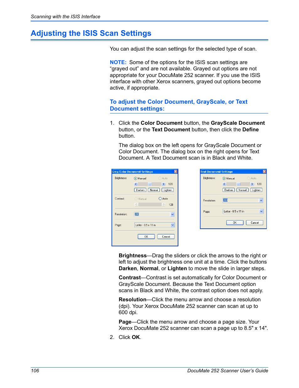 Adjusting the isis scan settings | Xerox DOCUMATE 252 User Manual | Page 111 / 133