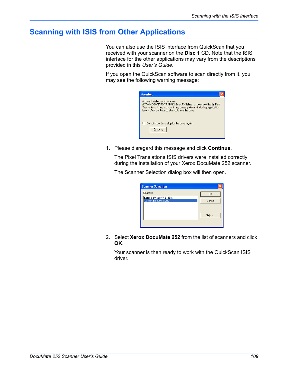 Scanning with isis from other applications | Xerox DOCUMATE 252 User Manual | Page 114 / 133