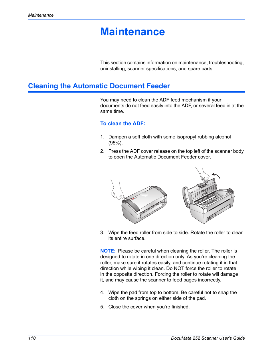 Maintenance, Cleaning the automatic document feeder | Xerox DOCUMATE 252 User Manual | Page 115 / 133