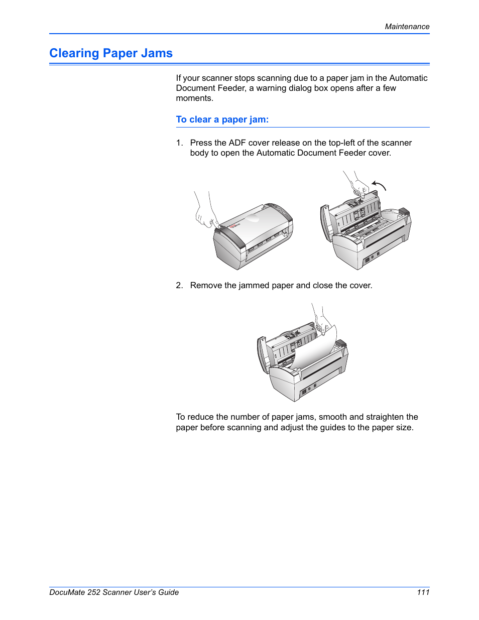 Clearing paper jams | Xerox DOCUMATE 252 User Manual | Page 116 / 133