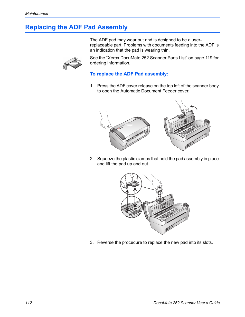 Replacing the adf pad assembly | Xerox DOCUMATE 252 User Manual | Page 117 / 133