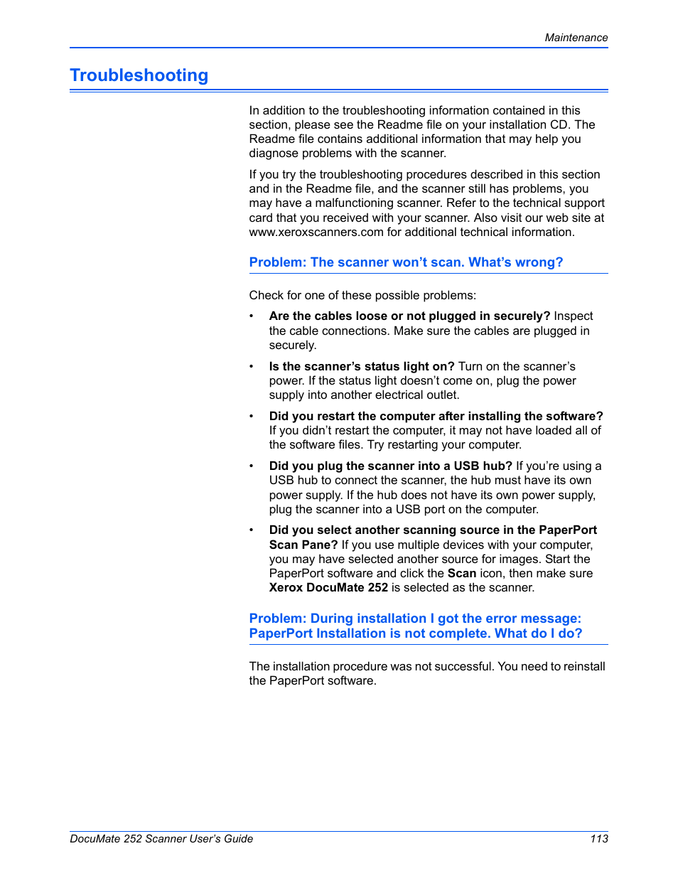 Troubleshooting | Xerox DOCUMATE 252 User Manual | Page 118 / 133