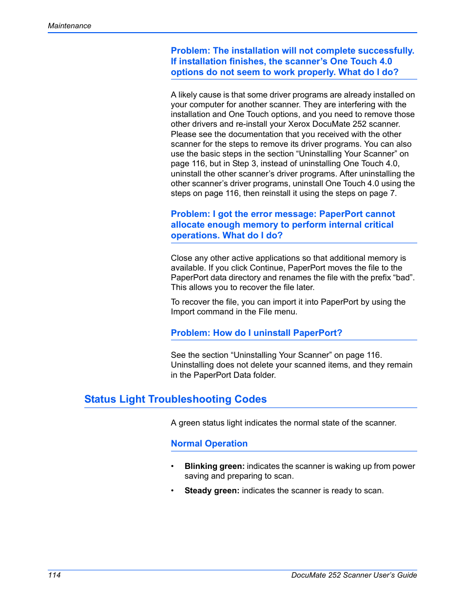 Status light troubleshooting codes | Xerox DOCUMATE 252 User Manual | Page 119 / 133