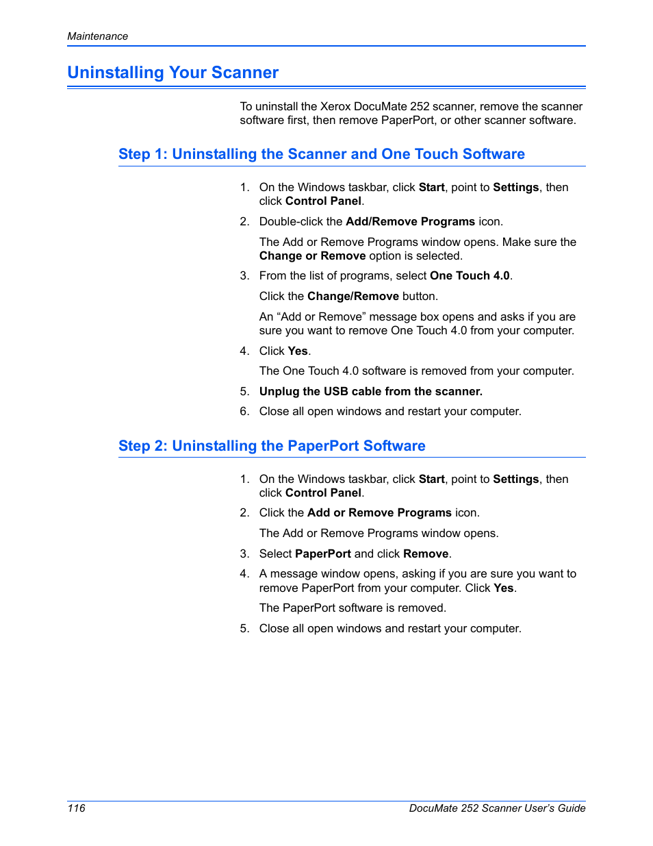 Uninstalling your scanner, Step 2: uninstalling the paperport software | Xerox DOCUMATE 252 User Manual | Page 121 / 133