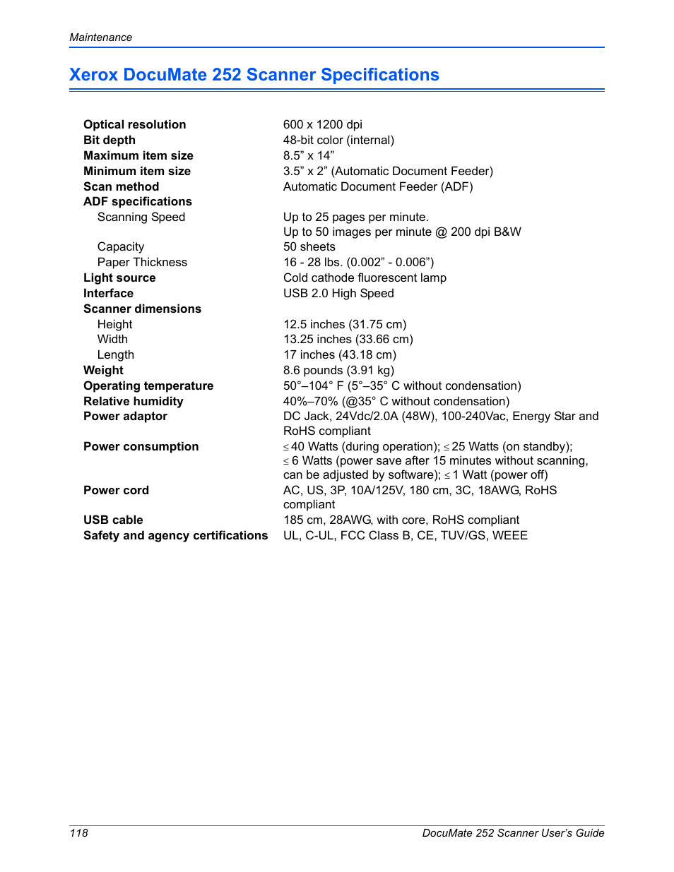 Xerox documate 252 scanner specifications | Xerox DOCUMATE 252 User Manual | Page 123 / 133