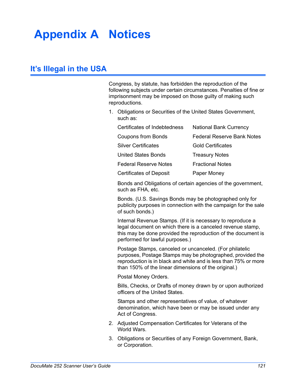 Appendix a notices, It’s illegal in the usa, Notices | Xerox DOCUMATE 252 User Manual | Page 126 / 133