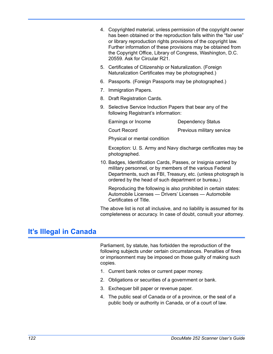 It’s illegal in canada | Xerox DOCUMATE 252 User Manual | Page 127 / 133