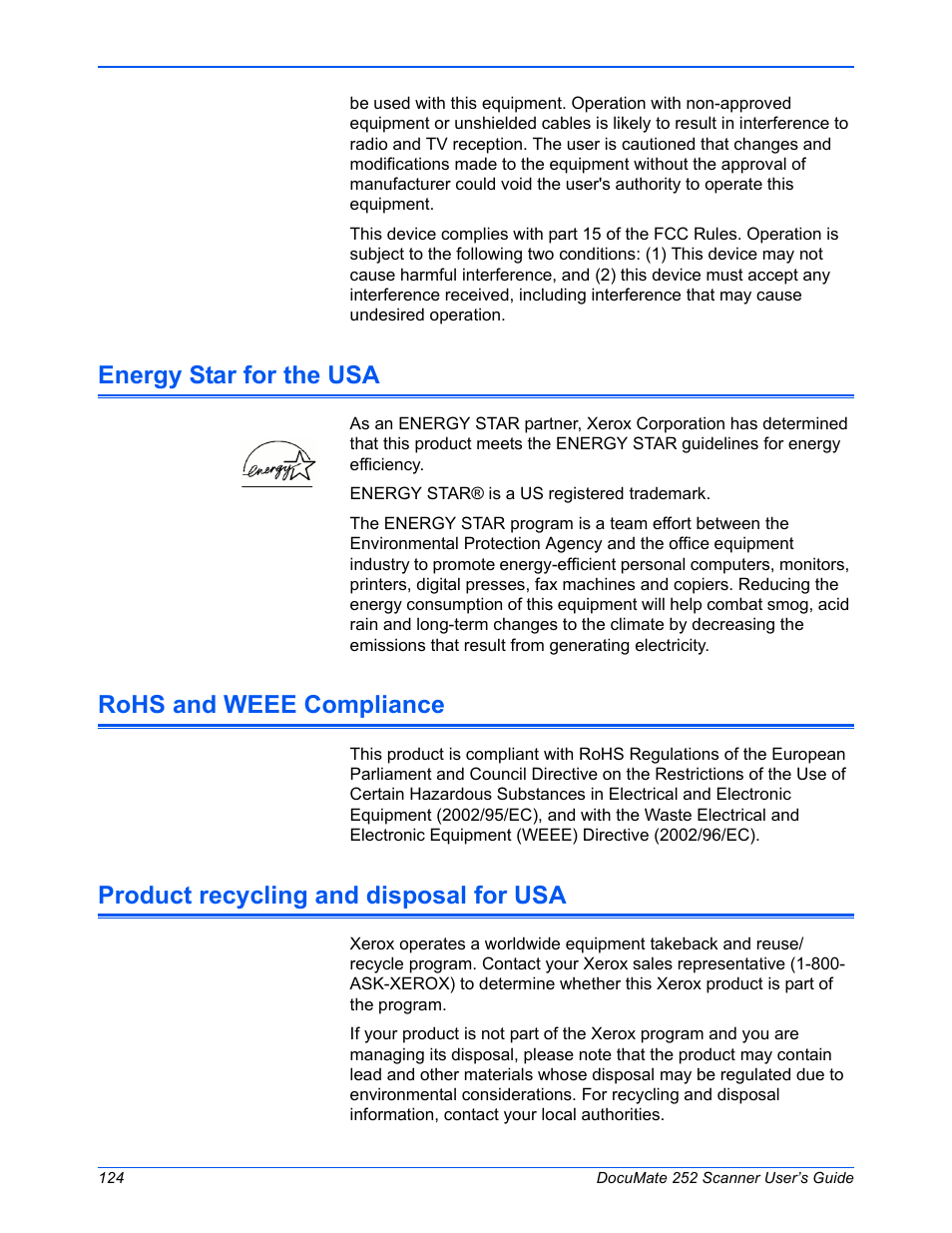 Energy star for the usa, Rohs and weee compliance, Product recycling and disposal for usa | Xerox DOCUMATE 252 User Manual | Page 129 / 133