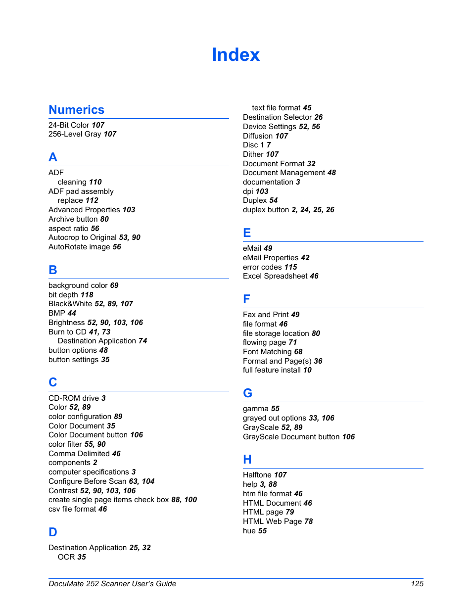 Index, Numerics | Xerox DOCUMATE 252 User Manual | Page 130 / 133