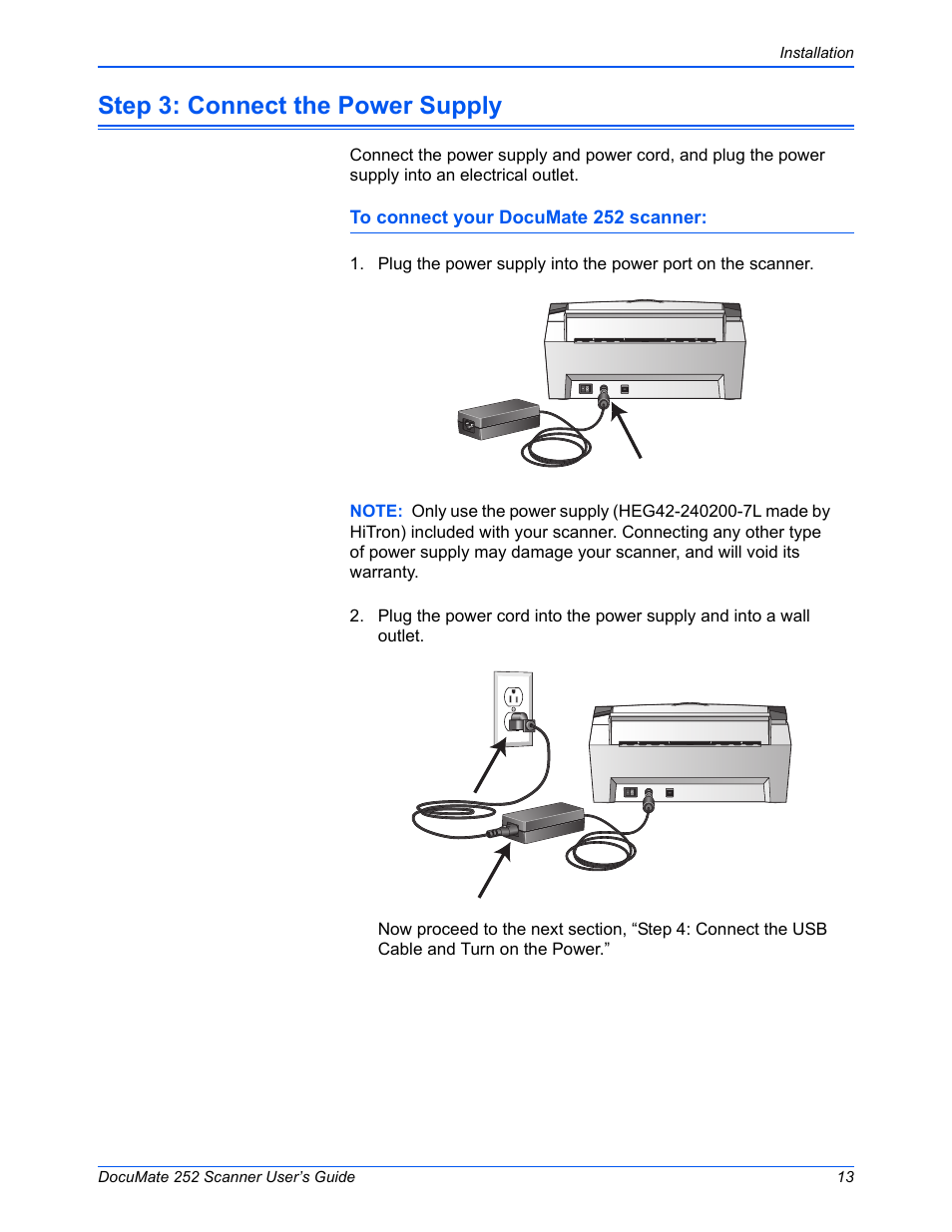 Step 3: connect the power supply | Xerox DOCUMATE 252 User Manual | Page 18 / 133