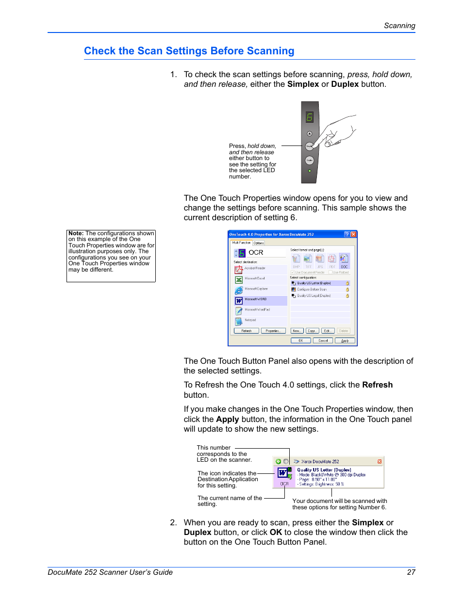 Check the scan settings before scanning | Xerox DOCUMATE 252 User Manual | Page 32 / 133