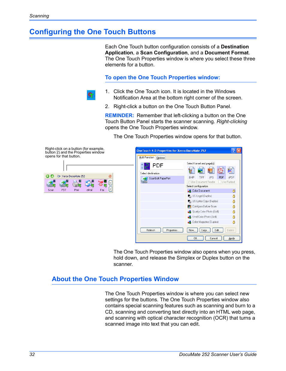 Configuring the one touch buttons, About the one touch properties window | Xerox DOCUMATE 252 User Manual | Page 37 / 133