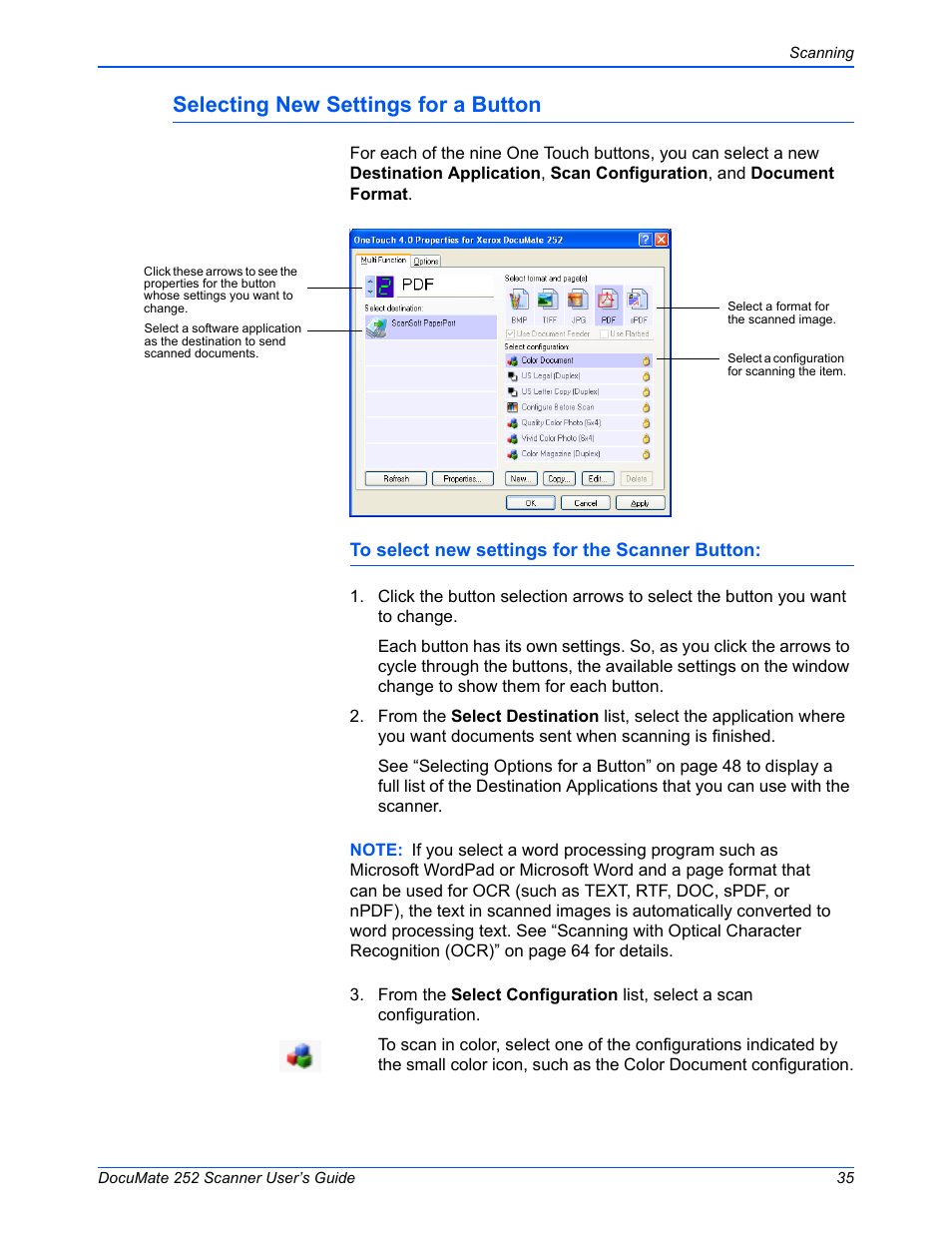 Selecting new settings for a button | Xerox DOCUMATE 252 User Manual | Page 40 / 133