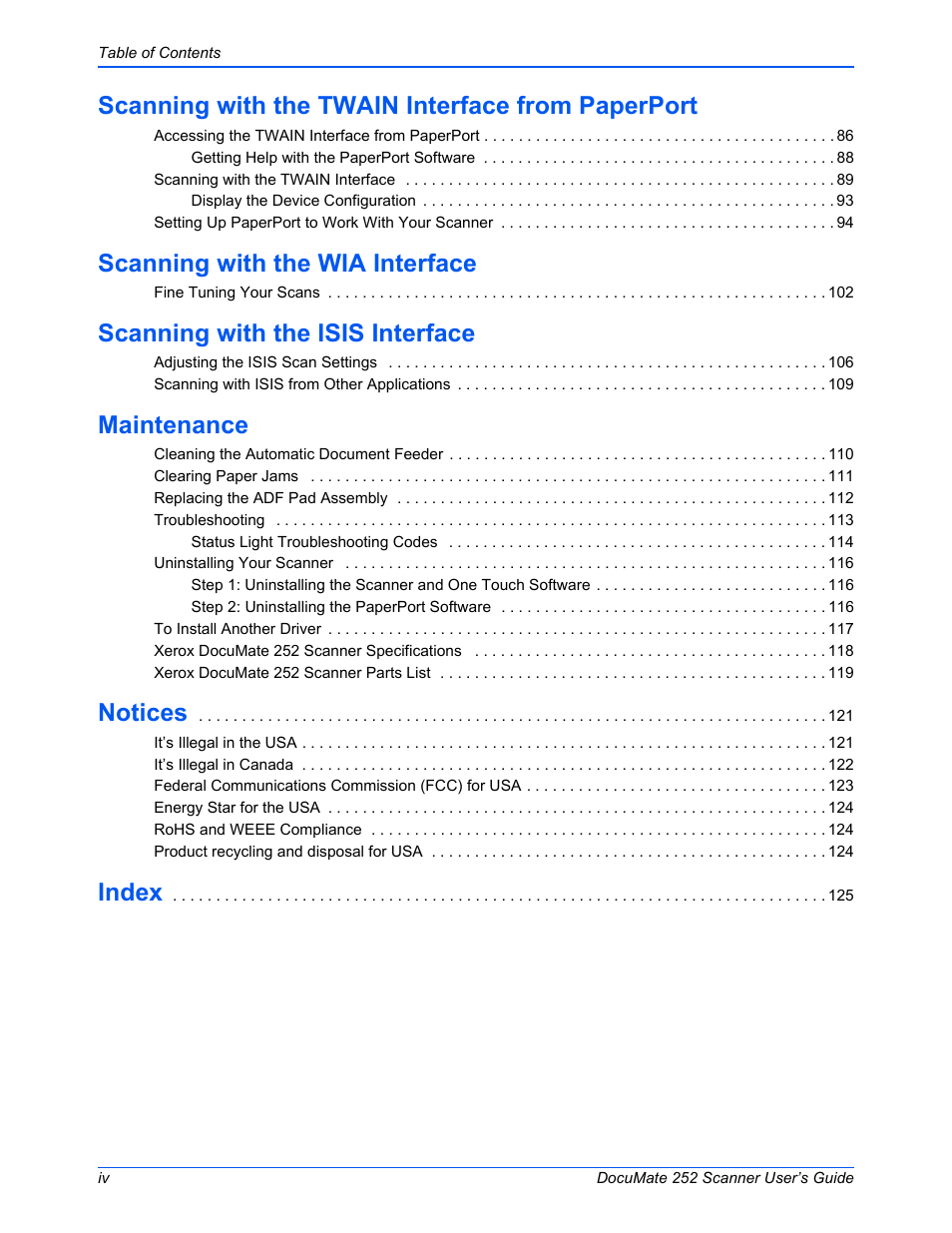 Scanning with the twain interface from paperport, Scanning with the wia interface, Scanning with the isis interface | Maintenance, Notices, Index | Xerox DOCUMATE 252 User Manual | Page 5 / 133
