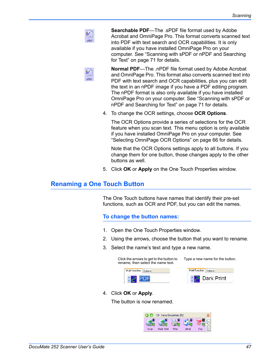 Renaming a one touch button | Xerox DOCUMATE 252 User Manual | Page 52 / 133