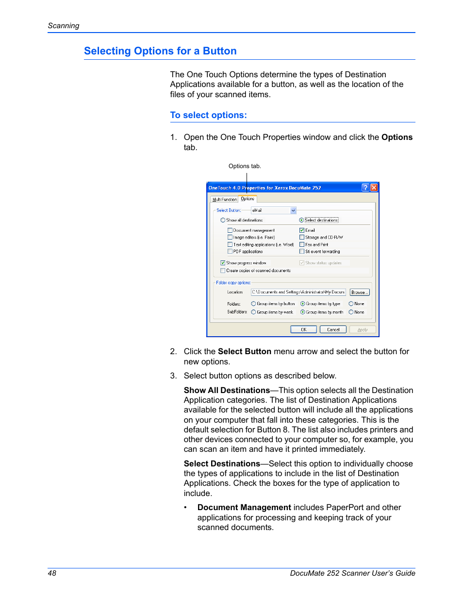 Selecting options for a button | Xerox DOCUMATE 252 User Manual | Page 53 / 133