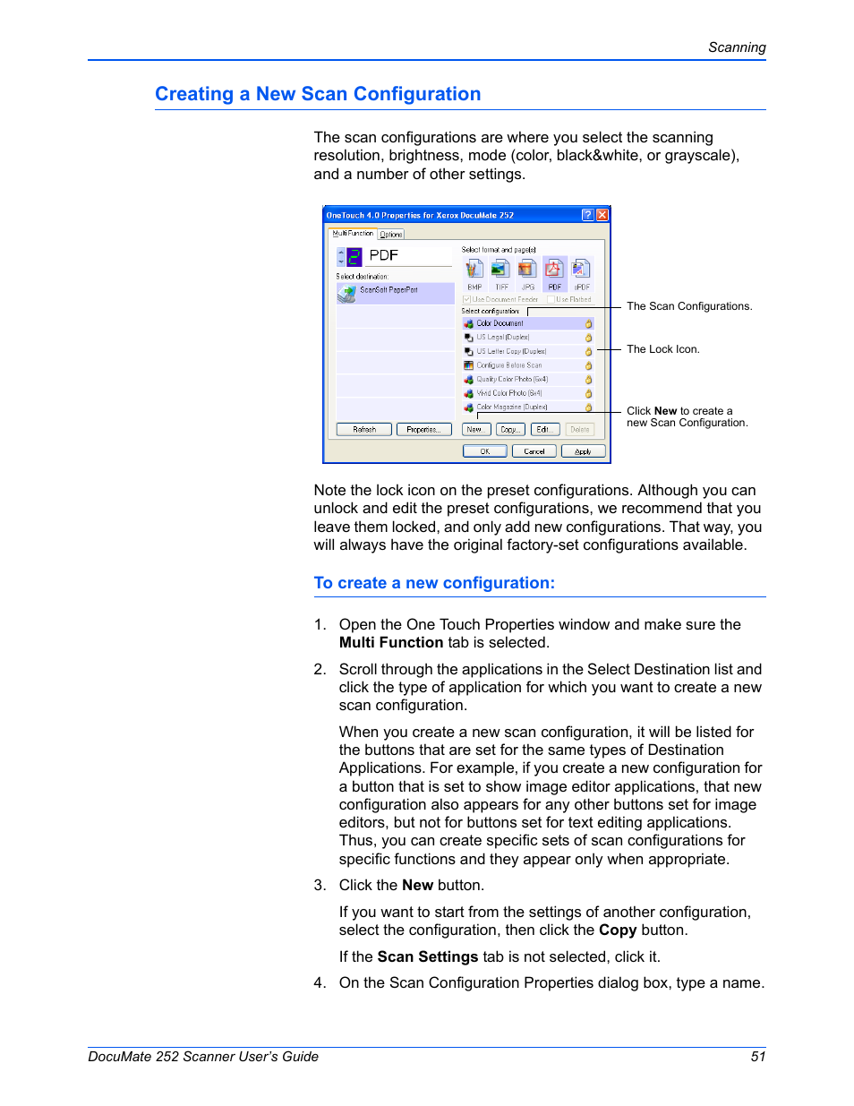 Creating a new scan configuration | Xerox DOCUMATE 252 User Manual | Page 56 / 133