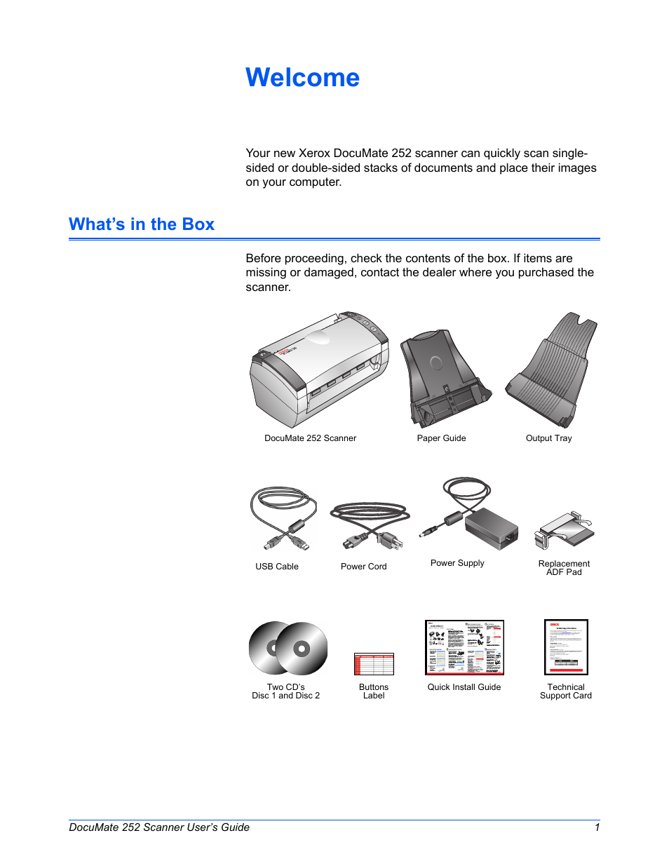 Welcome, What’s in the box | Xerox DOCUMATE 252 User Manual | Page 6 / 133