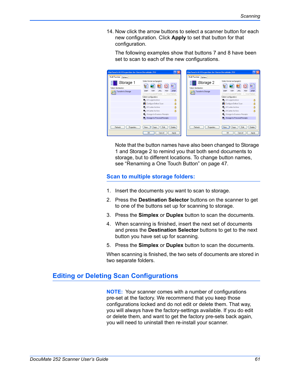 Editing or deleting scan configurations | Xerox DOCUMATE 252 User Manual | Page 66 / 133