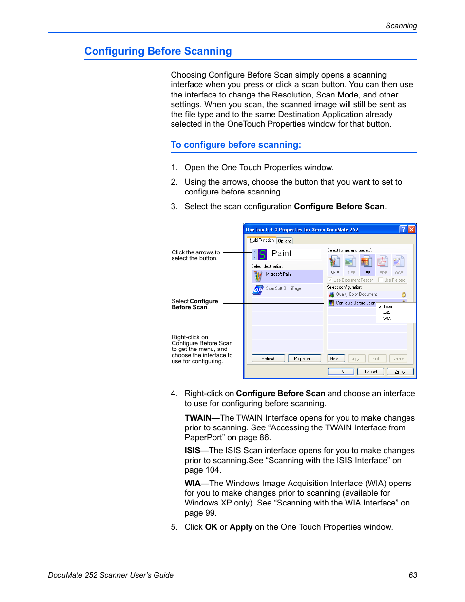 Configuring before scanning | Xerox DOCUMATE 252 User Manual | Page 68 / 133