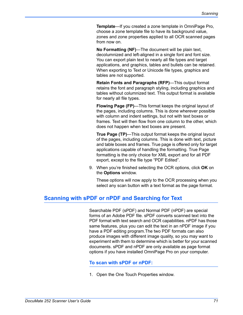 Scanning with spdf or npdf and searching for text | Xerox DOCUMATE 252 User Manual | Page 76 / 133