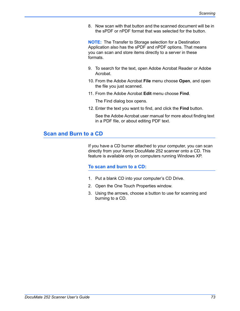 Scan and burn to a cd | Xerox DOCUMATE 252 User Manual | Page 78 / 133