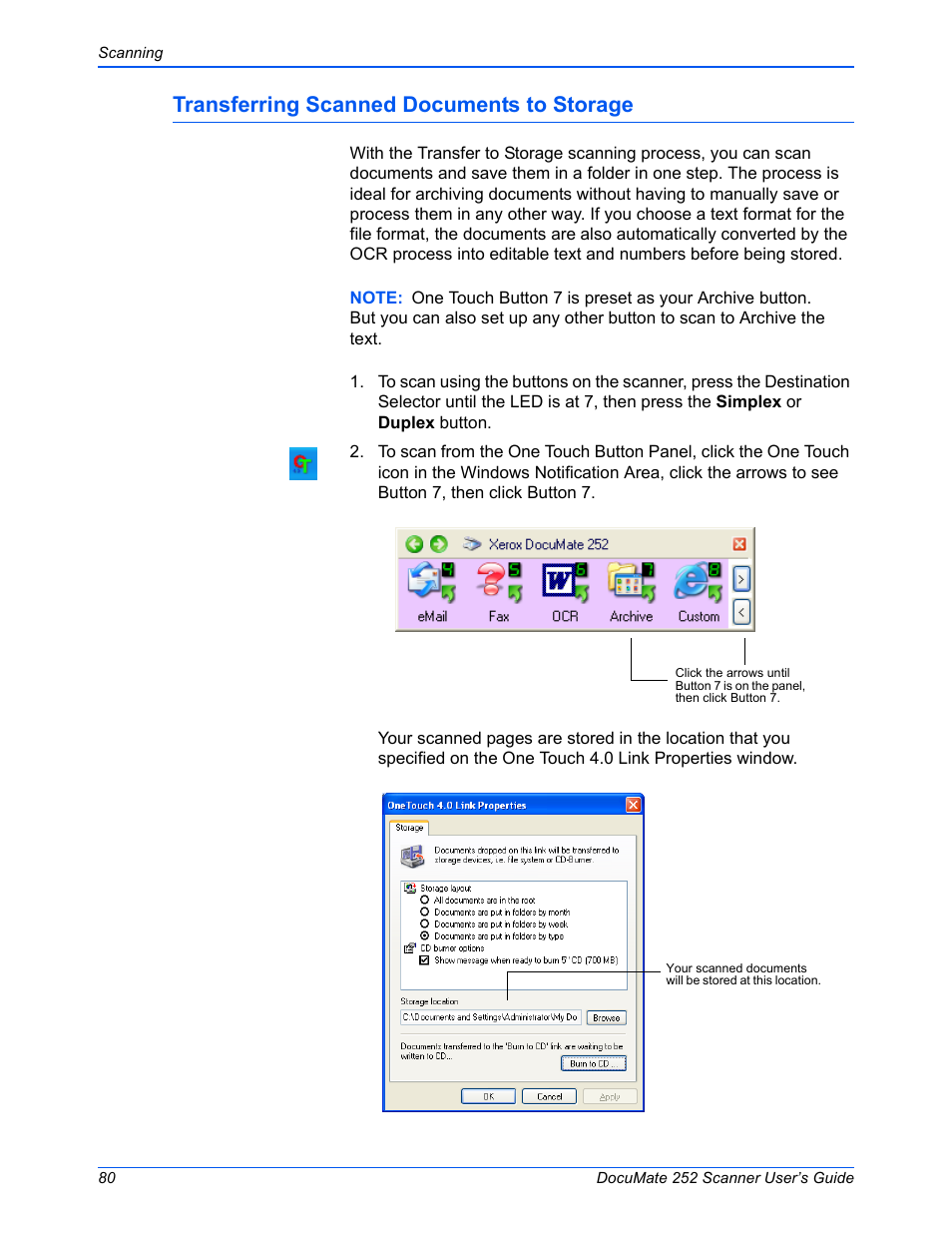 Transferring scanned documents to storage | Xerox DOCUMATE 252 User Manual | Page 85 / 133