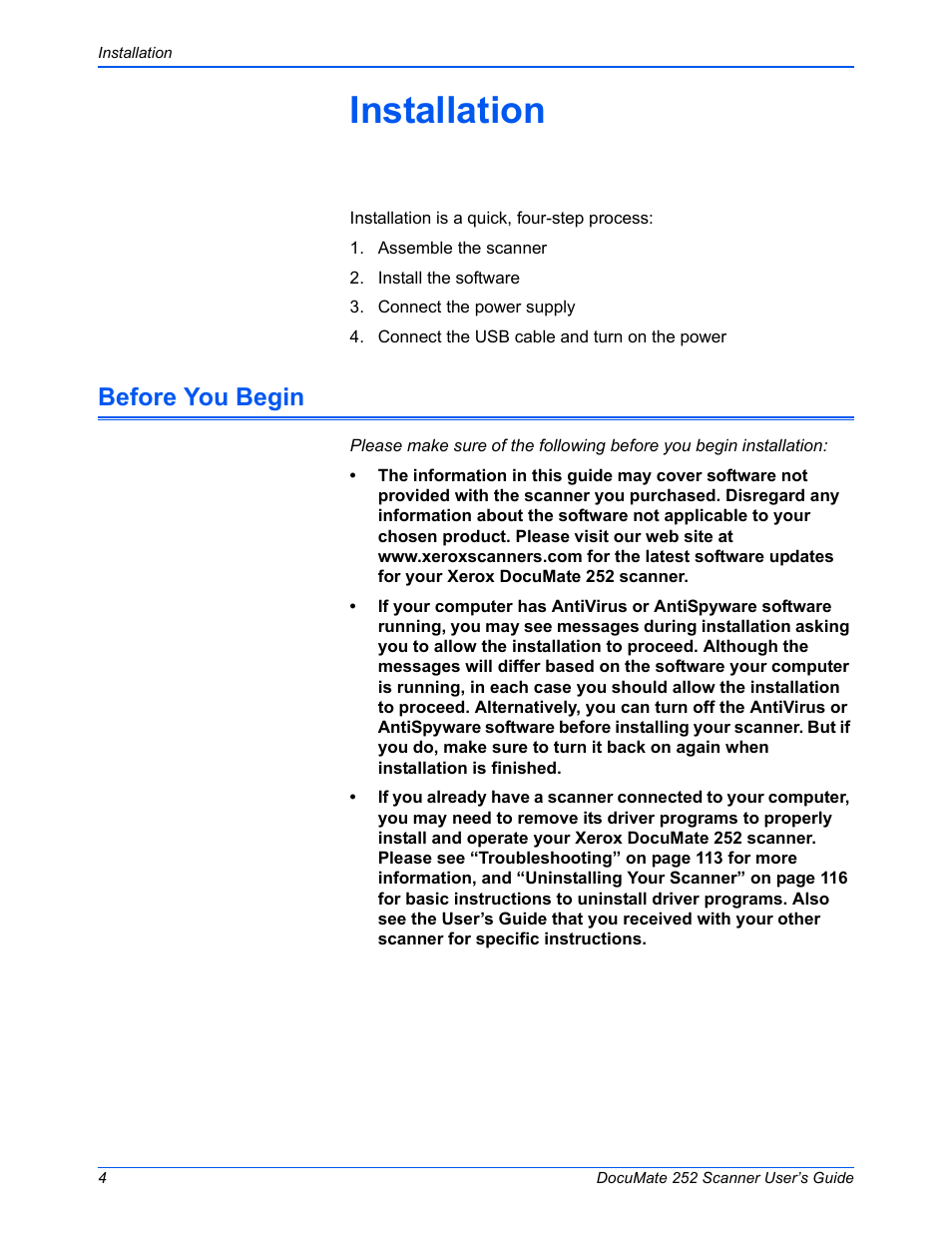 Installation, Before you begin | Xerox DOCUMATE 252 User Manual | Page 9 / 133