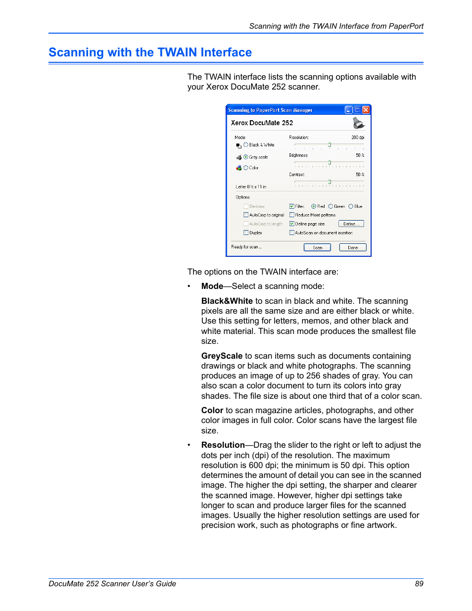 Scanning with the twain interface | Xerox DOCUMATE 252 User Manual | Page 94 / 133