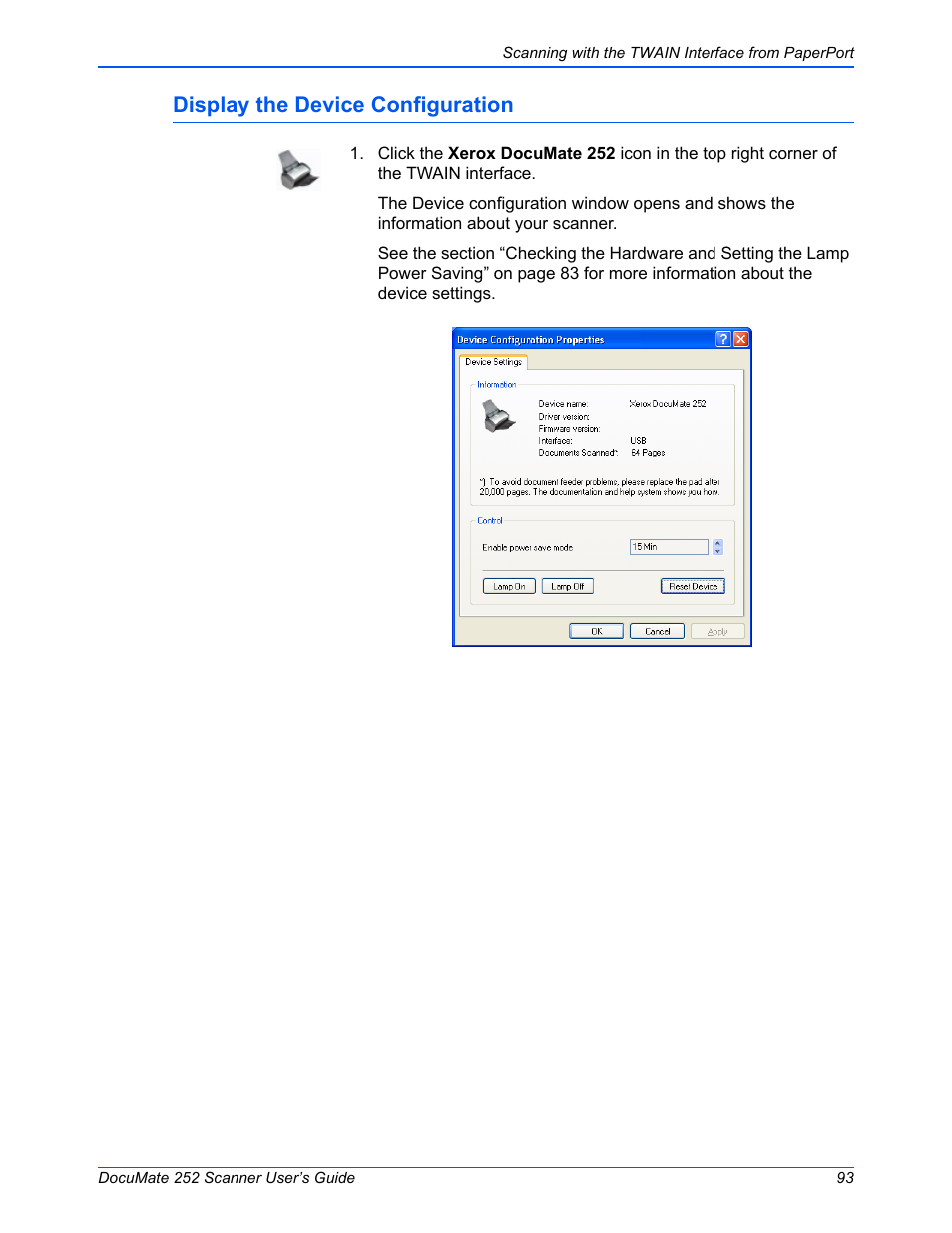 Display the device configuration | Xerox DOCUMATE 252 User Manual | Page 98 / 133